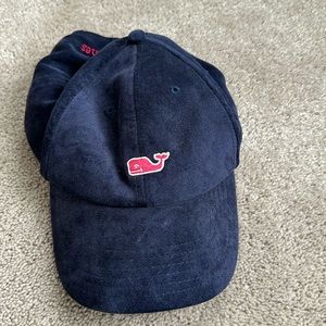 Vineyard Vines Whale Logo Leather Strap Cotton Velvet Baseball Hat. Navy